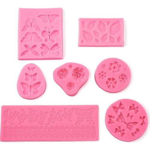 7pcs Fondant Molds Flower Rose Bow Leaf Butterfly Lace Silicone Mold for Cake Decorating Cupcake Topper DIY Crafts
