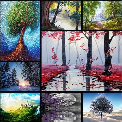 Diamond Embroidery Landscape Cross Stitch DIY Diamond Painting Tree Rhinestones Beadwork Mosaic Kit