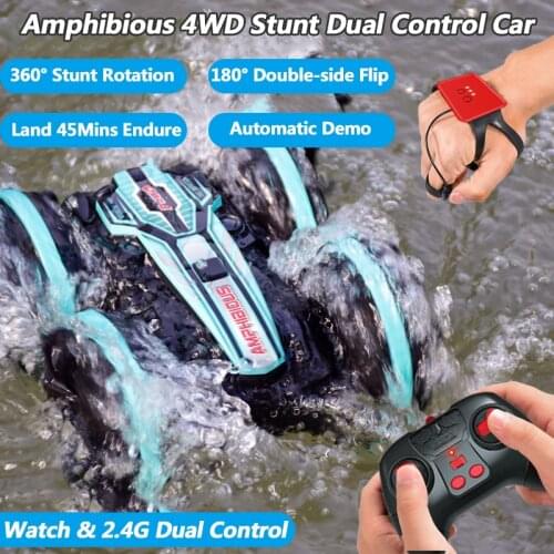 Amphibious 4WD 2.4G&Watch Dual RC Car Double-sided Flip 360° Stunt Rotation Automatic Demo Propeller Tire 45Mins Waterproof Toys