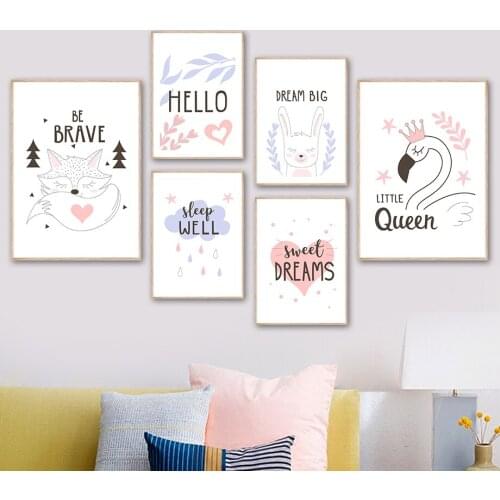 Fox Bunny Swan Crown Heart Cloud Star Quote Wall Art Canvas Painting Nordic Posters And Prints Wall Pictures Kids Room Decor