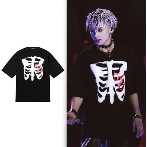 100% Cotton Bone Print T-Shirt Male Cool Harajuku Punk Tshirt Streetwear Men Hip Hop Loose Half Sleeve Gothic Black T shirts