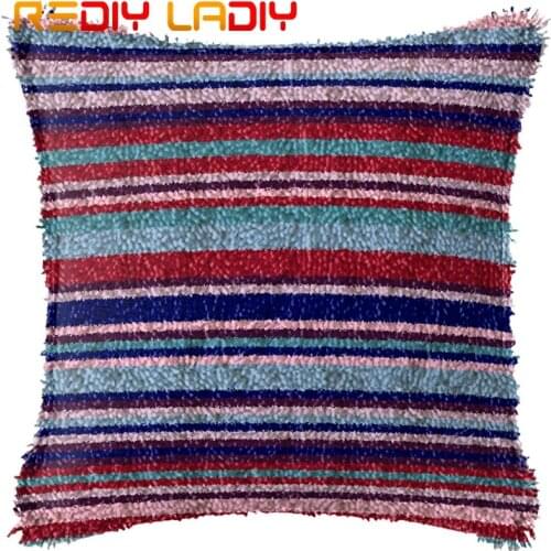 Latch Hook Cushion Blue Red Stripes Pillow Case Printed Color Canvas Acrylic Yarn Latched Hook Pillow Crochet Cushion Cover Kits