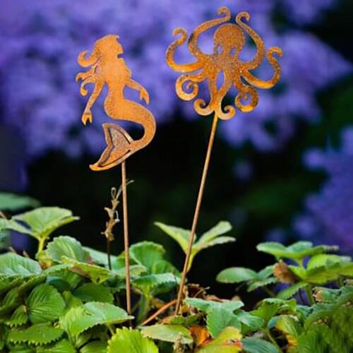 Metal Ornaments Garden Decoration Statue Crafts Gifts Ground Plug Wall Art Martians Potted Plants Figurine Set Mermaids Octopus