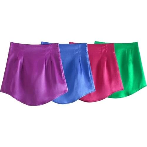 Nlzgmsj Za Skirt Women 2021 Summer Chic Soft Touch Shiny Satin Mini Skirt Vintage High Waist Side Zipper Female Skirts 202107