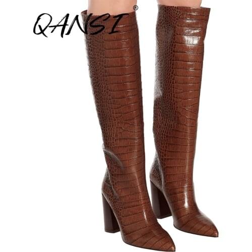 Fashion Point Toe Pink Serpentine Knee High Womens Boots Thick Heel Straight Boots Girls Brown Crocodile Pattern Handmade Boots