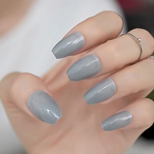 Fashion Granny Grey Coffin Ballerina Fake False Nails Gray Flat Shape Full Cover Nail Art Women Wear Makeup Manicure Tool