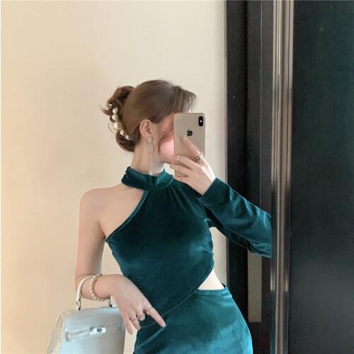 Real Shot 2020 New Fashion Womens Autumn Sexy One-Shoulder Waistless Velvet Long-Sleeved Slim Dress