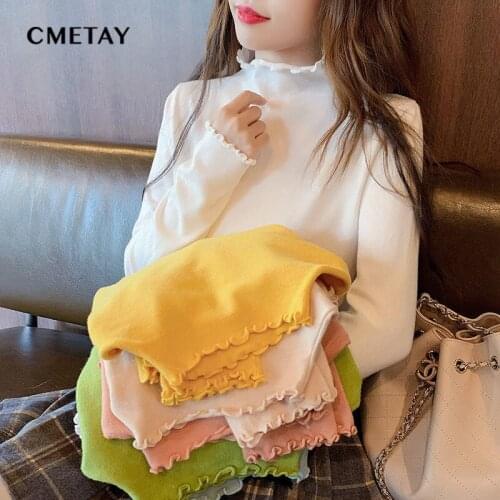 2021 Autumn New Ruffle Knitted Pullover Turtleneck Women Korean Stretch Slim Solid Color Sweater Female Tight Sexy Pullovers