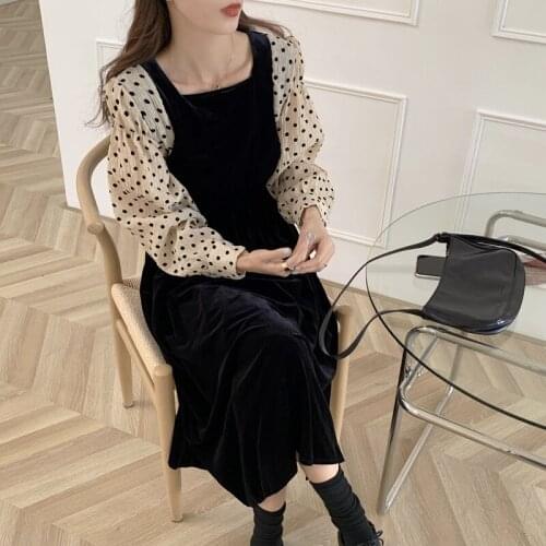 2021 Spring Fall New Niche Ladies Dress One-Piece Korean Fashion Velvet Stitching Dress Elegant Fake Two-Piece Midi Dress Female