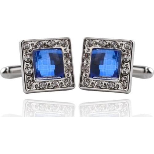 One pair popular rhodium plated alloy blue stone square 1.6cm charms mens French metal cuff links xyc106