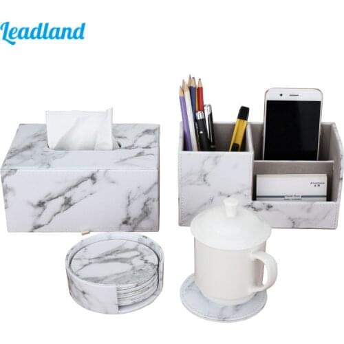 Office Supplies Marble PU Leather Desk Organizer Sets Pen Holder Storage Box Tissue Box Cup Coaster 3 Pcs/Set New Arrival