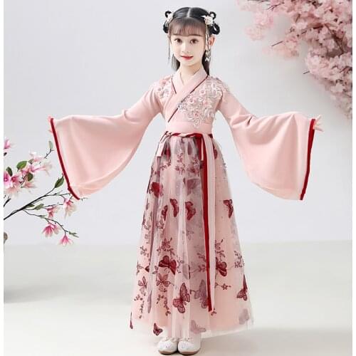 Chinese Embroider HanFu Princess Birthday Party Dance Perform Photography Dress Kids Traditiona Wedding Flower Girl Dress