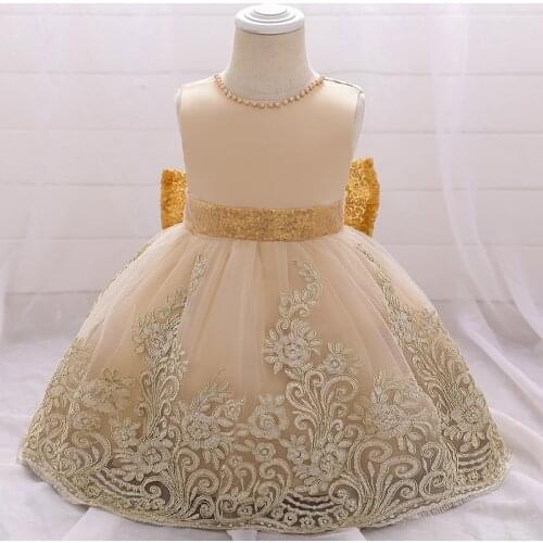 0-24M Gold Flower Embroidery 1st Birthday Dress For Baby Girl Clothes Golden Bow Princess Dresses Baptism Dress Infant Vestidos