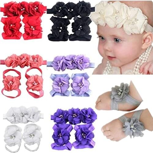 28Sets Kids Girl Handmade Chiffon Pearl Flower Headbands Barefoot Sandals Set Infant Baby Cute Hair Accessories Foot Bands
