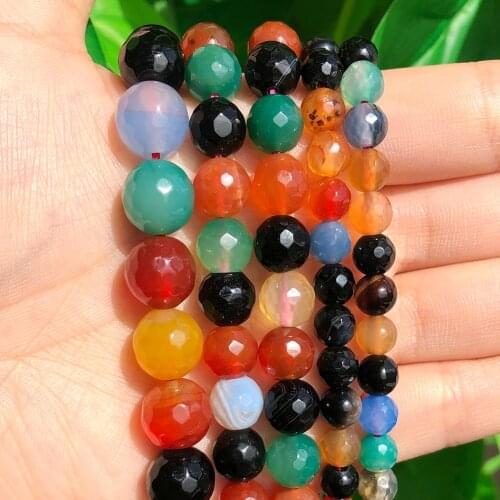 Natural Stone Multicolor Agates Faceted Loose Spacer Round Beads forJewelry Making DIY Bracelet Necklace 4 6 8 10 12mm 15inches