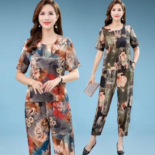 Middle-aged Women Sets Summer Short Sleeve T-shirt & Pants Suits Mom Elegant Print Ice Silk 2 Piece Sets Plus Size 5XL Y903