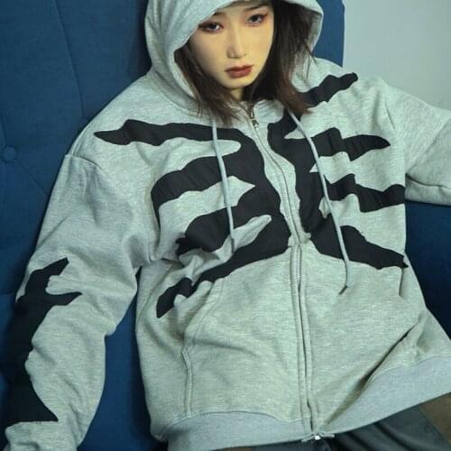Harajuku Punk Skeleton Gray Cardigan Kpop Hip Hop Chic Streetwear Loose Hooded Sweatshirt Jacket Oversize Women Clothing Jacket