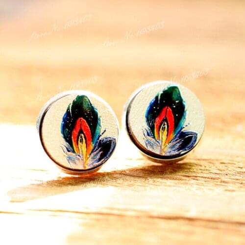 Unique 3D Feather Embossed 16mm Round Coloured Drawing pattern Laser Cut wood Cabochon DIY for Rings, Earring,Brooch,Necklace