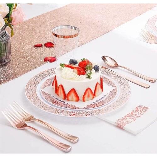 50-60pcs Golden Plastic Party Disposable Tableware For Wedding Birthday Parties Decoration Cake Plates Spoons Forks Knives Sets