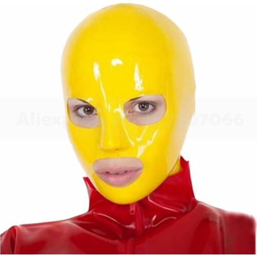 Yellow Sexy Latex Rubber Mask Fetish Party Hood Handmade Glue Seams RLM219
