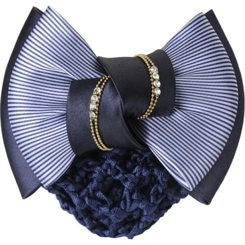 Women Professional Crystal Bow Barrette Ribbon Hair Clip Nurse Hotel Bank Stewardess Hairpin Snood Net Bun Hairgrip Accessories