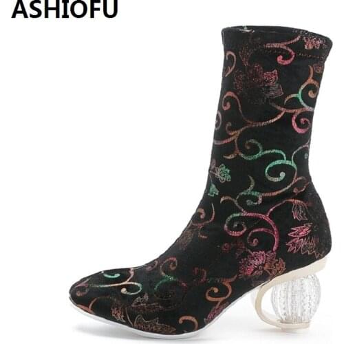 ASHIOFU New Retro Style Women High Heel Boots Sewing Stretch Leather Ankle Boots Large Size Fashion Evening Club Short Boots