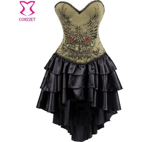 Army Green Cotton Floral Print Push Up Corsets And Bustiers Burlesque Costumes Punk Gothic Corset Dress Korsett For Women Sexy