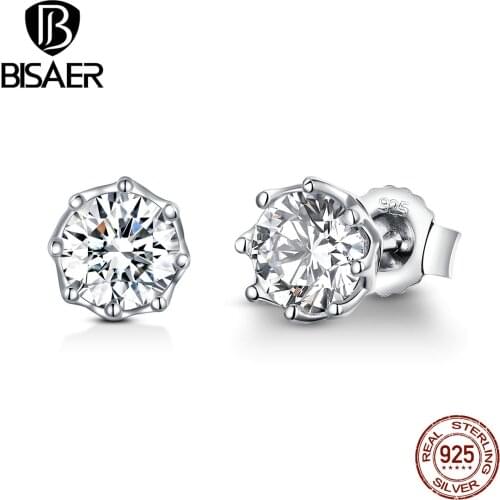 BISAER 925 Sterling Silver Crystal Simple Small Stud Earrings for Women Cubic Zirconia Fashion Earrings Jewelry Brincos ECE499