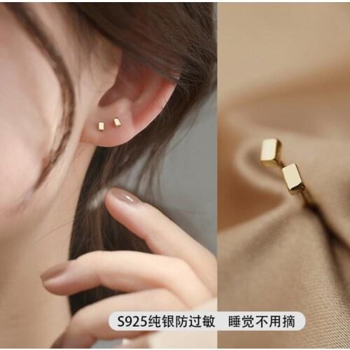 Geometric Square Tiny Stud Earrings for Women Authentic 925 Sterling Silver Anti-Allergy Earring Pin Fine Jewelry Kids Gift