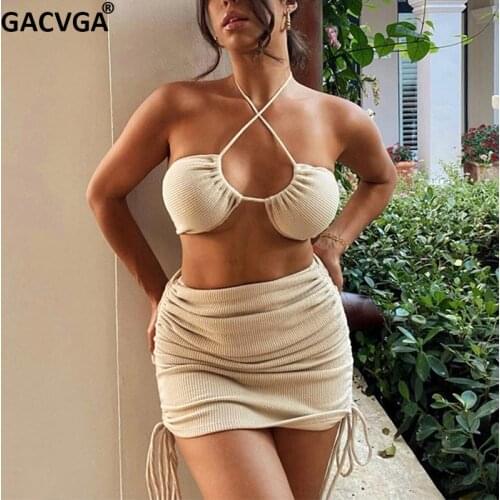 GACVGA Sexy Backless Two Pieces Set Women Criss-Cross Halter Crop Top And Ruched Mini Skirt Sets 2021 Summer Slim Dress Suits