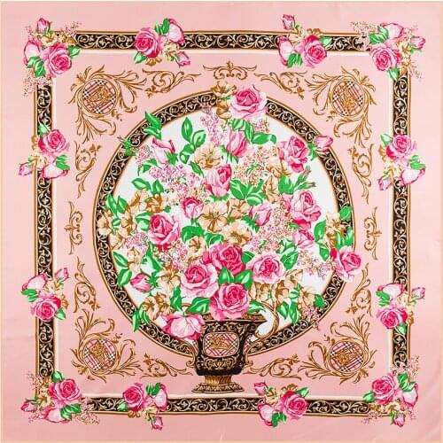 130CM Foulard femme soie de marque luxe bohemian Neck Gaiter ShawlTwill imitation silk peony flowers Ladies twill square scarf