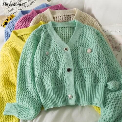 Korean Sweet Sweater For Women Summer Hollow Out Single Breasted Thin Long-sleeve Cardigan All-match Loose Knitted Female Tops