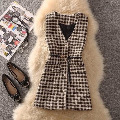 2021 Autumn Winter Women Fashion Houndstooth Plaid Tweed Vest Office Lady Sleeveless Single-breasted Waistcoats with Belt Y654