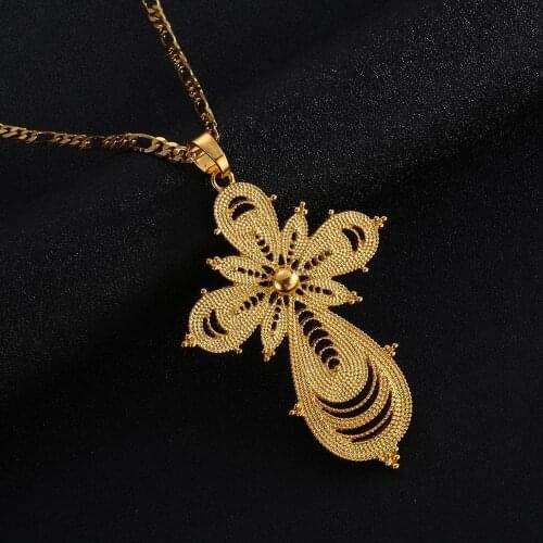 Ethiopian Gold Color Cross Pendant Necklaces for Women Eritrea Africa Ethnic Crosses Jewelry