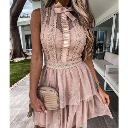 Summer Chiffon Womens Sleeveless Lace Dot Mesh Patchwork Bowknot Collar Slim A-Line Dress