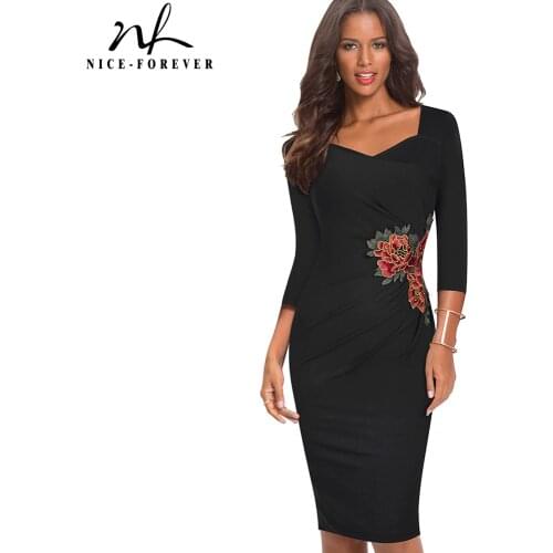 Nice-forever Autumn Vintage Applique Floral Elegant Office Dresses Formal Business Sheath Women Dress B347