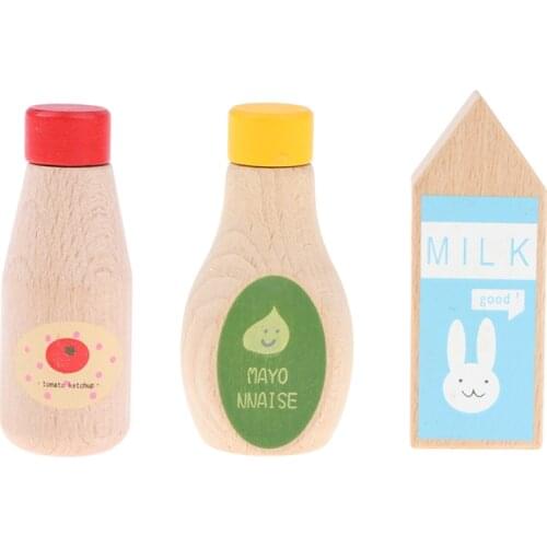 3pcs Bottle Ketchup Mayonnaise Milk Wooden Toys Simulation Gift for Children