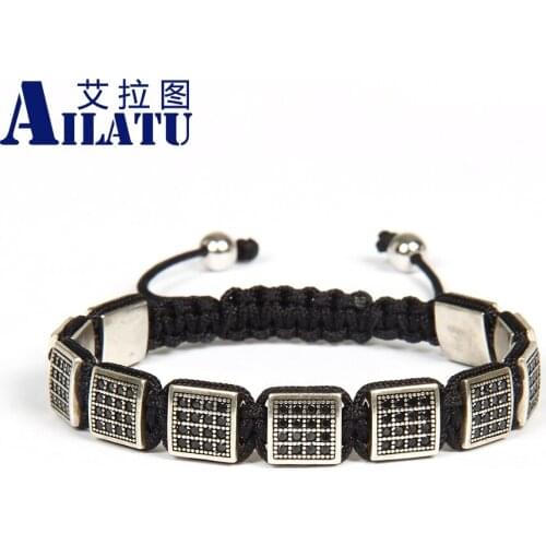 Ailatu Mens Jewelry Wholesale Antique Color Micro Pave Black CZ Flatbed Macrame Sqaure Bracelet Customizable Size and Style