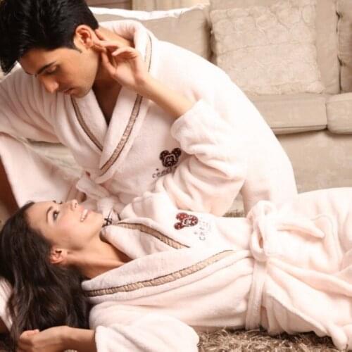 Free Shipping New arrive Coral Fleece Flannel Full sleeve Lovers Leisure White color night robe Bathing Suits