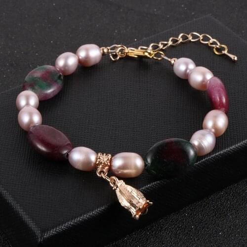 Hot Sale Mix Natural Pearl Stone Beads Rose Gold Flower Charm Bracelet Women Girls Fashion Sweet Jewelry