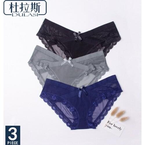 DULASI Womens Pants Sexy Lace Mesh Panties Hollowed-Out Breathable Low Waist Briefs Female Underwear Bow Seamless Lingeries