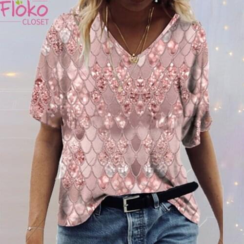 Flokocloset Print Loose V-Neck Short Sleeve T-shirt Summer Tee Shirt Femme Oversized Tops