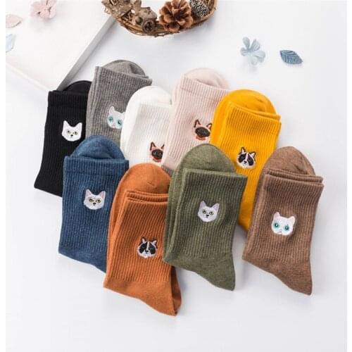Cotton Embroidered Cute Cat Female Socks Lovely Kitty Head Cartoon Crew Socks Fashion Quality Color Women Autumn Winter Socks