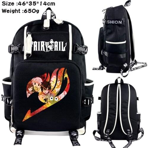 Anime FAIRY TAIL Canvas Backpack Travel Student Packsack Black Zip Teenager Shoulder Laptop Bag Schoolbag Unisex Cartoon Bookbag