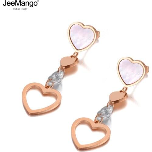 JeeMango Fashion Stainless Steel Love Heart Dangle Earrings For Women Bohemia Crystal & Shell Party Earrings Jewelry JE20056
