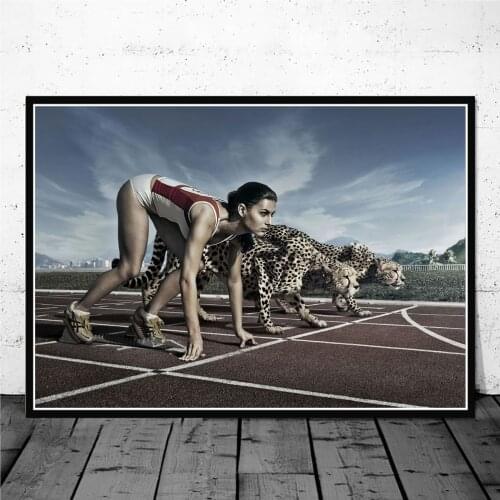 Girl Athlete Race With Cheetah Wall Painting On Canvas Posters And Prints Animal Running Art Picture For Living Room Decoration