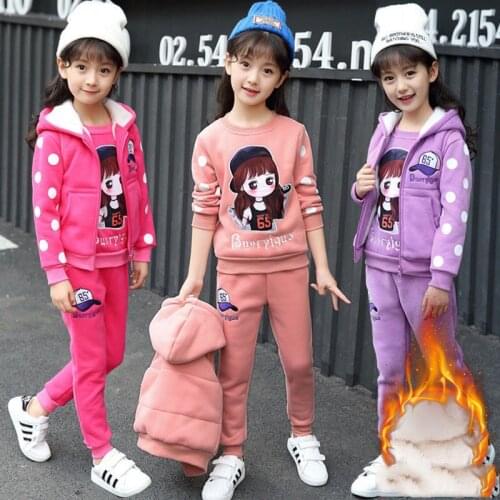 Girls Clothing Sets For Autumn Winter Childrens Clothes Plus Velvet Hooded 3pcs Sport Suits Cartoon Pattern Vest Jackets Kids