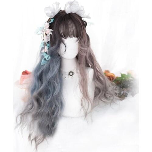 CosplayMix 75CM Halloween Party Lolita Cute Girl Long Wavy Blue Ash Purple Ombre Hair Heat Resistant Synthetic Cosplay Wig+Cap