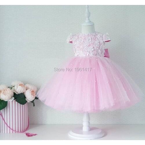 Hot Lace flower girls wedding Beading dress baby girls christening dresses for party occasion kids baby girl birthday dress