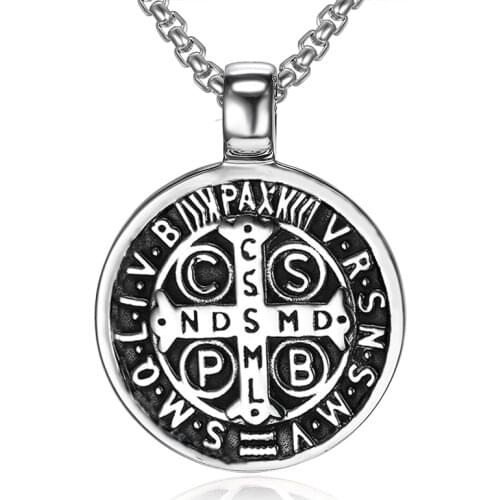 Mens St Benedict Exorcism Pendant Necklace Stainless Steel Catholic Roman Cross Demon Protection Ghost Hunter